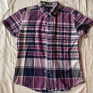 Tommy Hilfiger Purple Plaid Slim Fit Short-Sleeved Men's Button Down Shirt